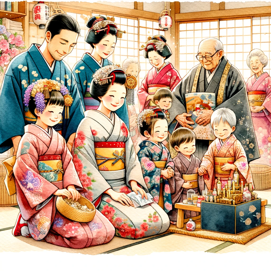 日本の年齢に関する文化的な重要性と伝統的な側面を強調した「数え年」の概念を表現した伝統的な日本のお祝いのシーンです。